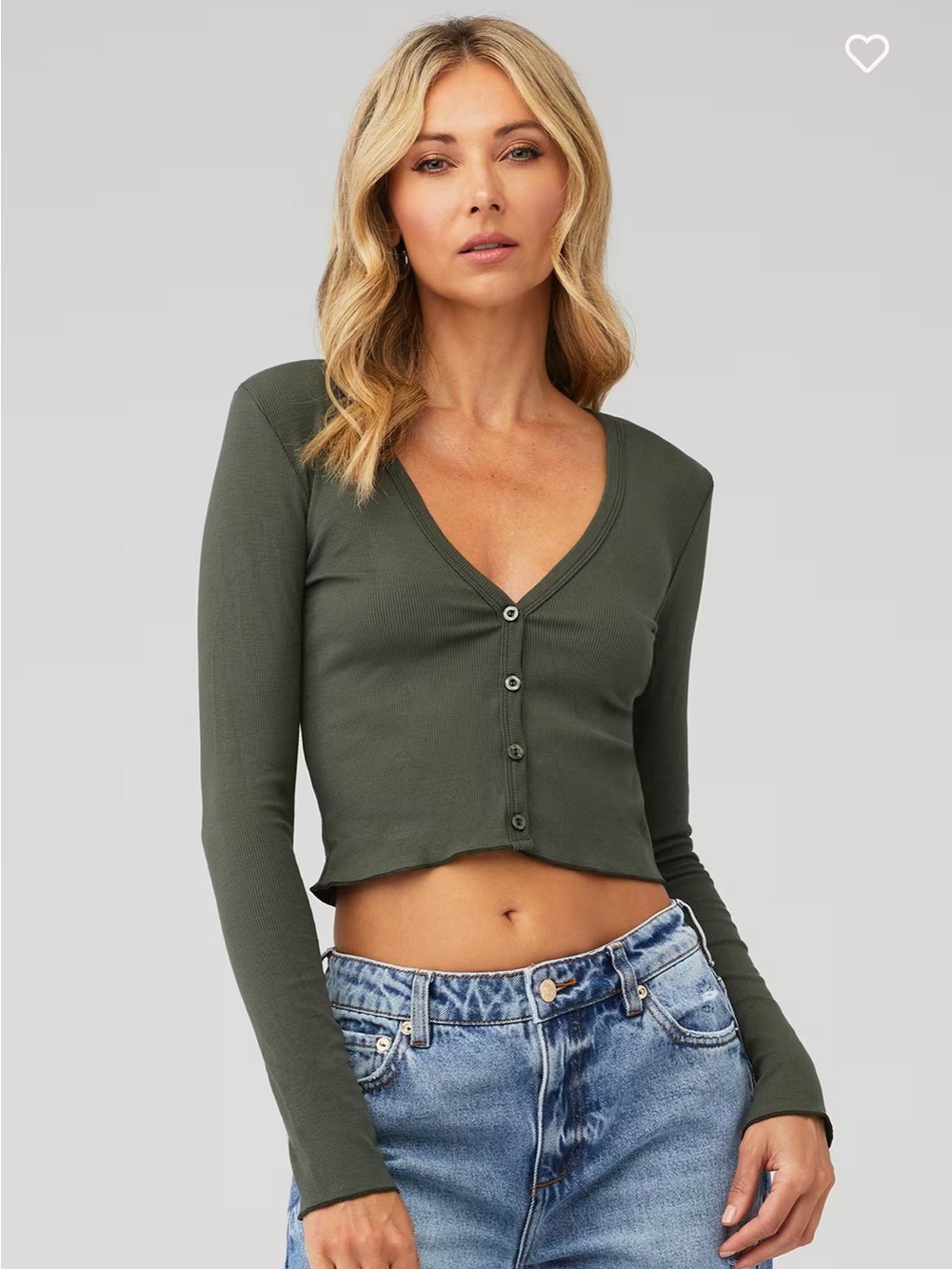 Good American Olive Ribbed V-Neck Button Crop Top